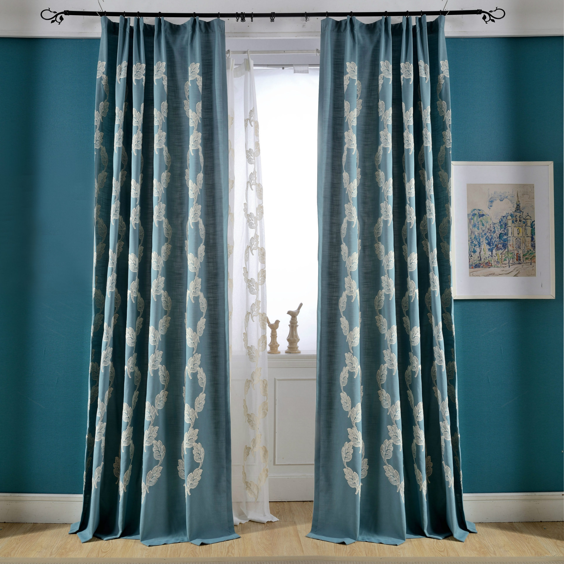 Country Curtains For Living Room
 Blue Leaf Embroidery Linen Cotton Blend Country Curtains