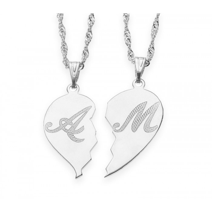 Couple Heart Necklace
 Silver Broken Heart Initial Couple Necklace
