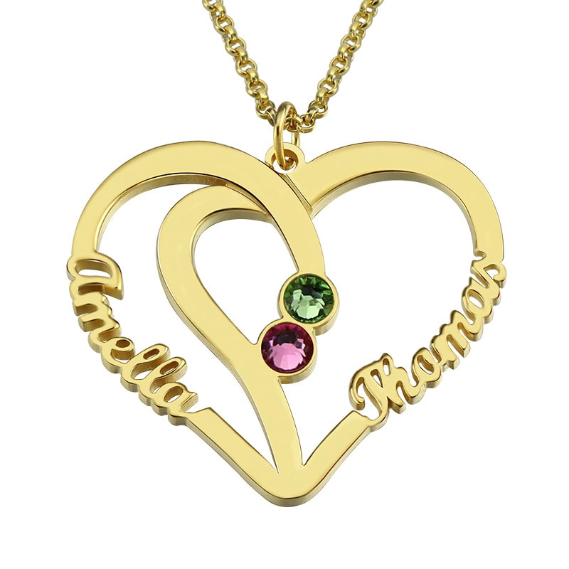 Couple Heart Necklace
 Customized Heart Names Necklace Birthstone Necklace Gold