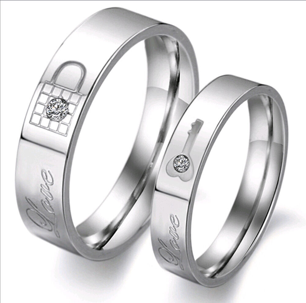 Couple Wedding Bands
 Lock and Key Promise Ring " Love " Engraved Couples