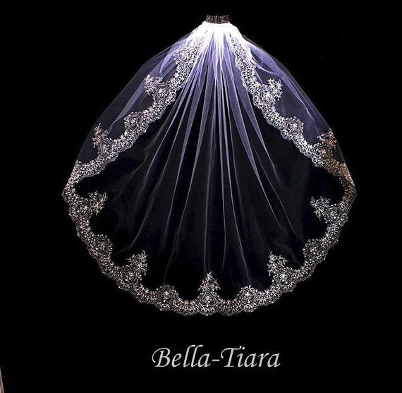 Crystal Wedding Veils
 vintage crystal beaded edge wedding veil ivory by