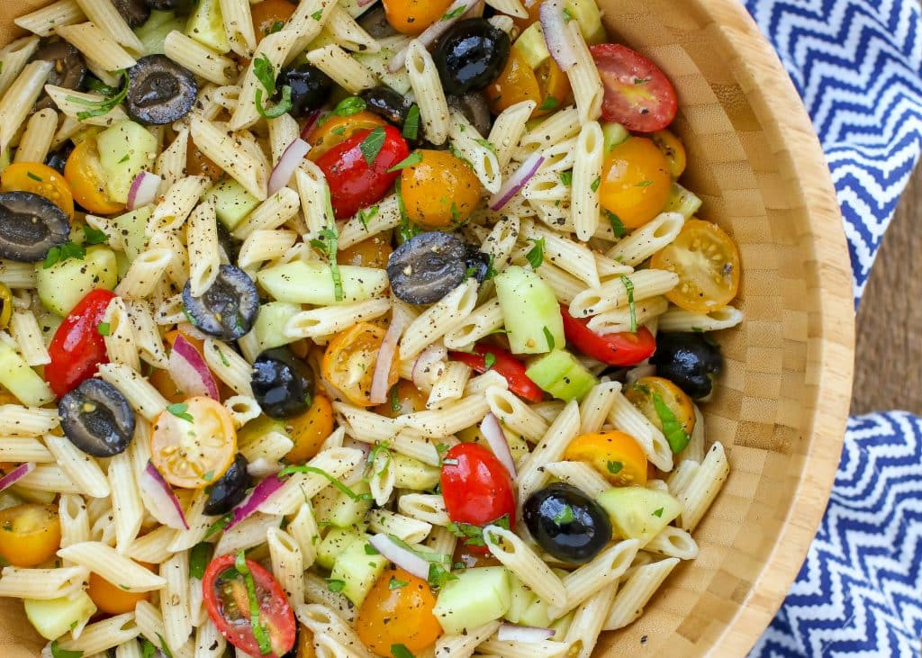 Cucumber Tomato Pasta Salad
 Italian Pasta Salad with Tomatoes Cucumbers and Olives