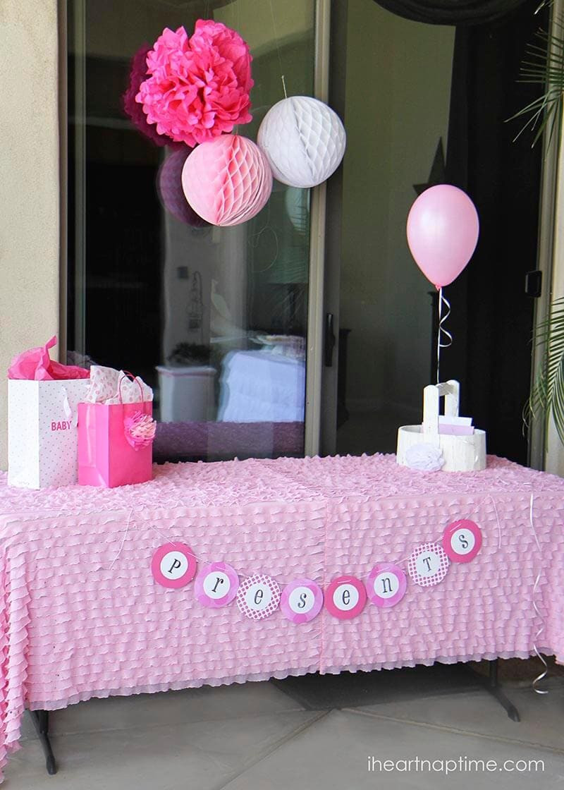 Decorating Ideas For Baby Shower Gift Table
 Pink baby shower w printable baby shower games I Heart
