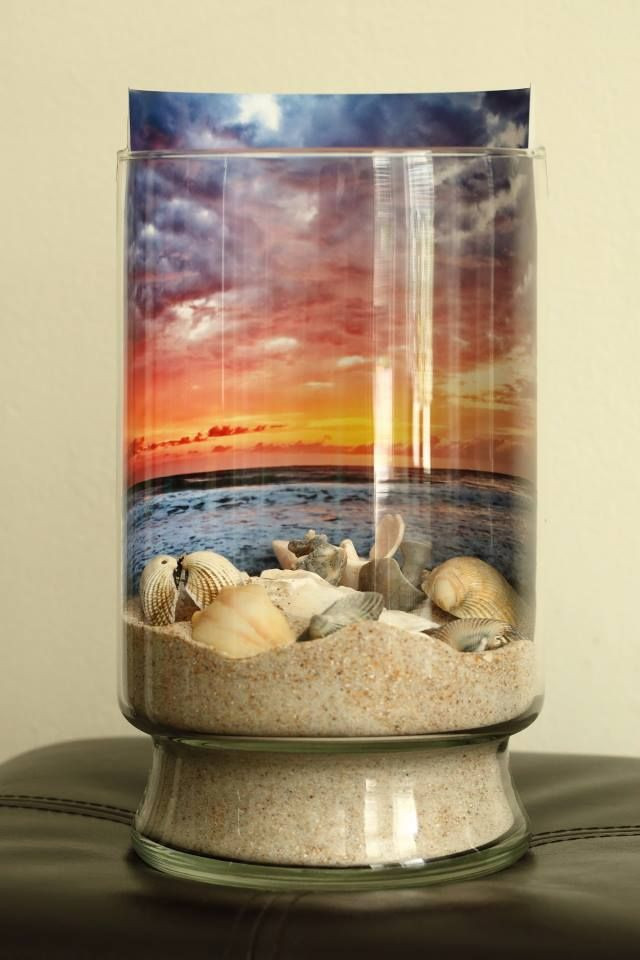 Decorative Seashell Craft Ideas
 Sand and sea shells against a sunrise backdrop in a jar
