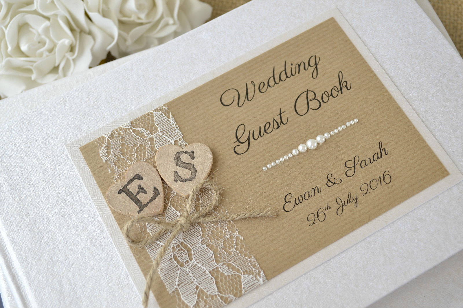 Designer Wedding Guest Book
 Personalised Wedding Guest Book – Wooden Hearts & Lace