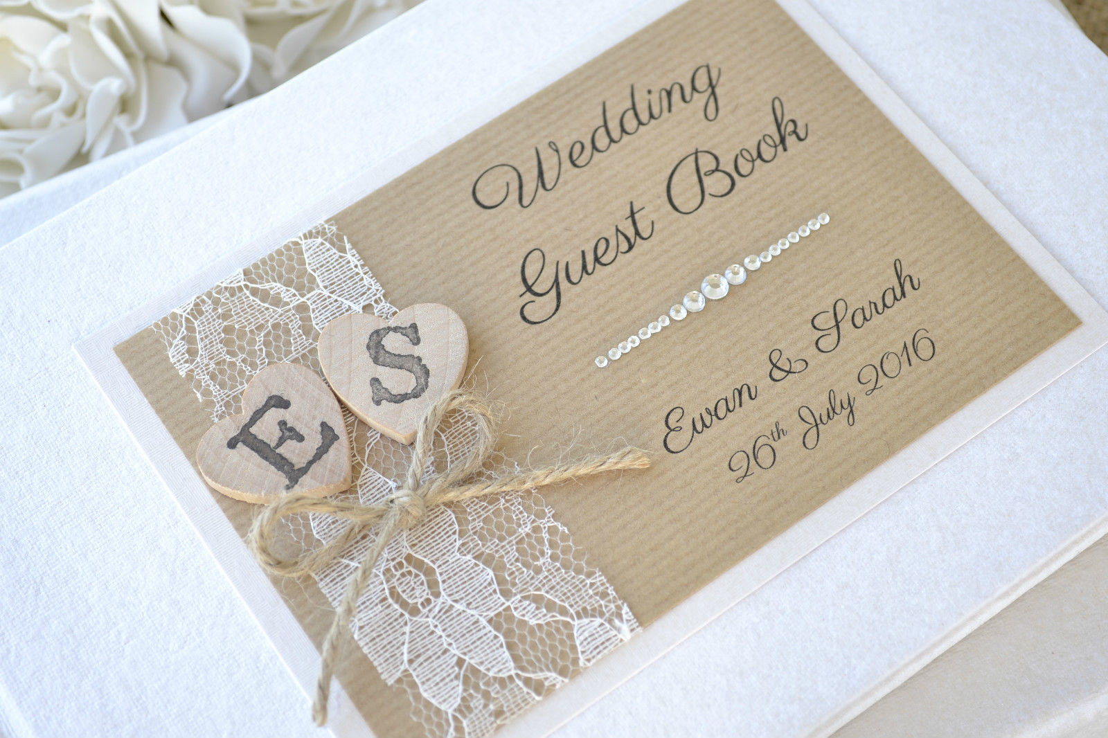Designer Wedding Guest Book
 Personalised Wedding Guest Book – Wooden Hearts & Lace