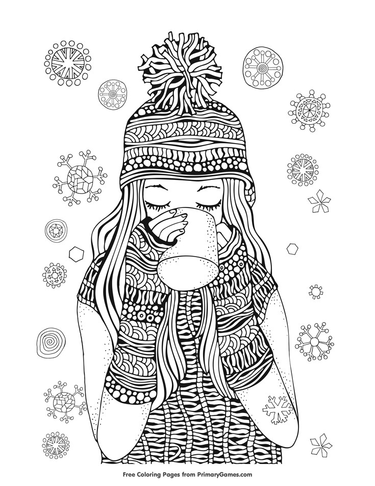 Detailed Coloring Pages For Girls
 Winter Coloring Page Girl Drinking Hot Chocolate