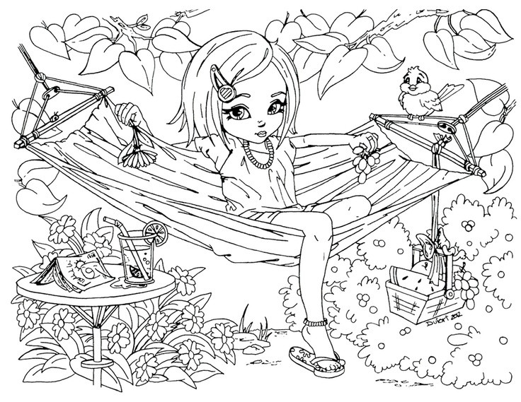 Detailed Coloring Pages For Girls
 Printable Summer time girl enjoy on hammock coloring pages