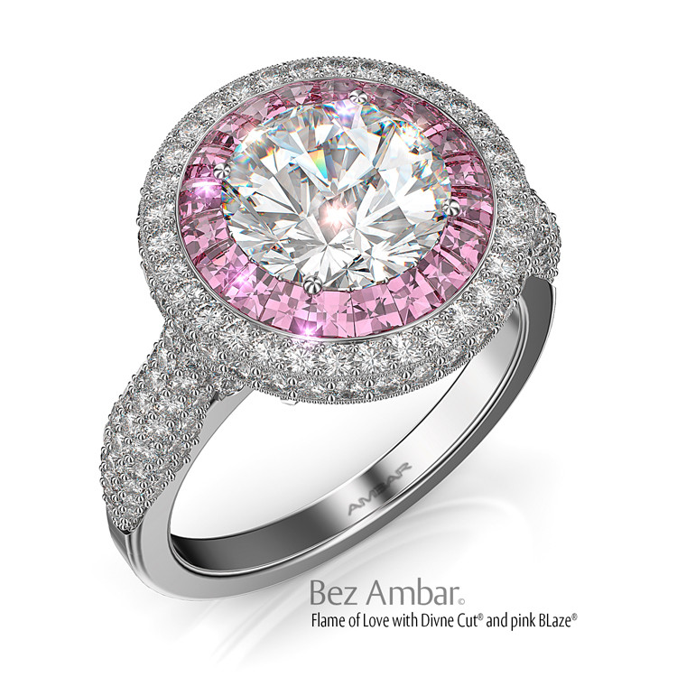 Diamond And Pink Sapphire Engagement Ring
 Double Halo Engagement Ring Pink Sapphire Flame of Love
