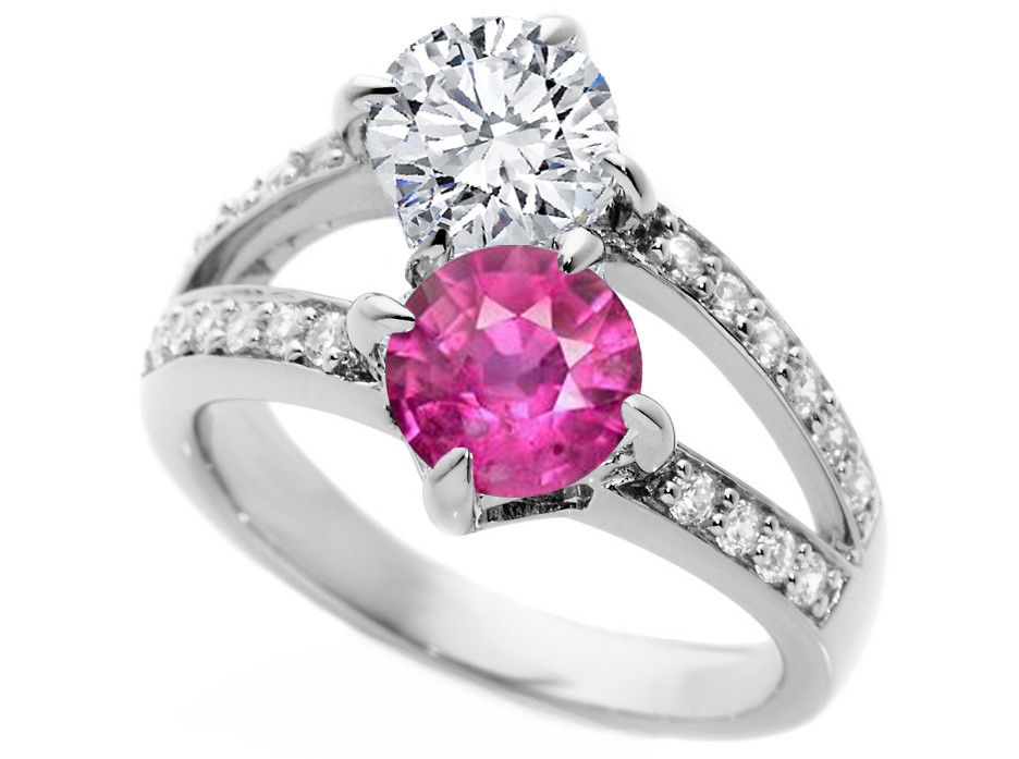 Diamond And Pink Sapphire Engagement Ring
 Engagement Ring Toi et Moi Diamond & Pink Sapphire