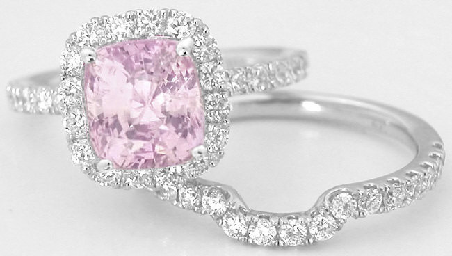 Diamond And Pink Sapphire Engagement Ring
 Cushion Cut Light Pink Sapphire and Diamond Halo
