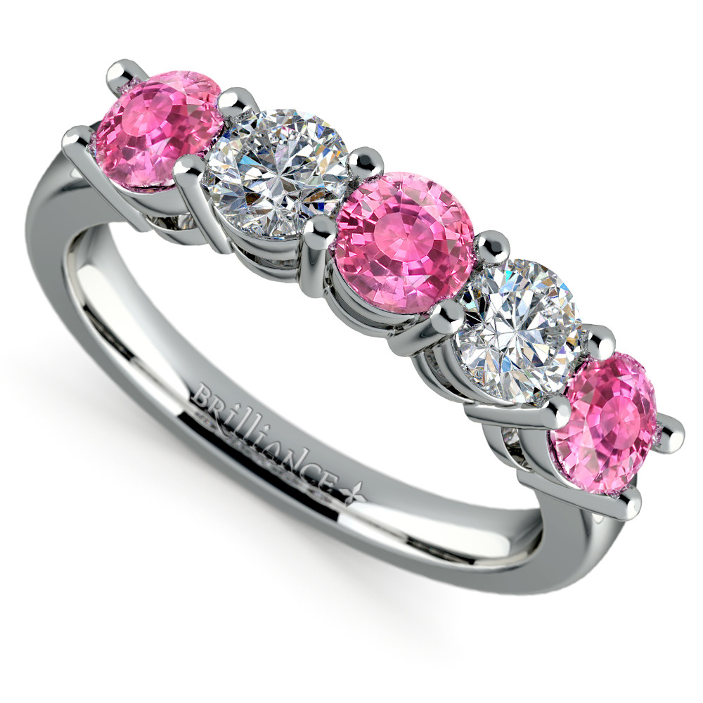 Diamond And Pink Sapphire Engagement Ring
 Five Pink Sapphire and Diamond Wedding Ring in Platinum 1