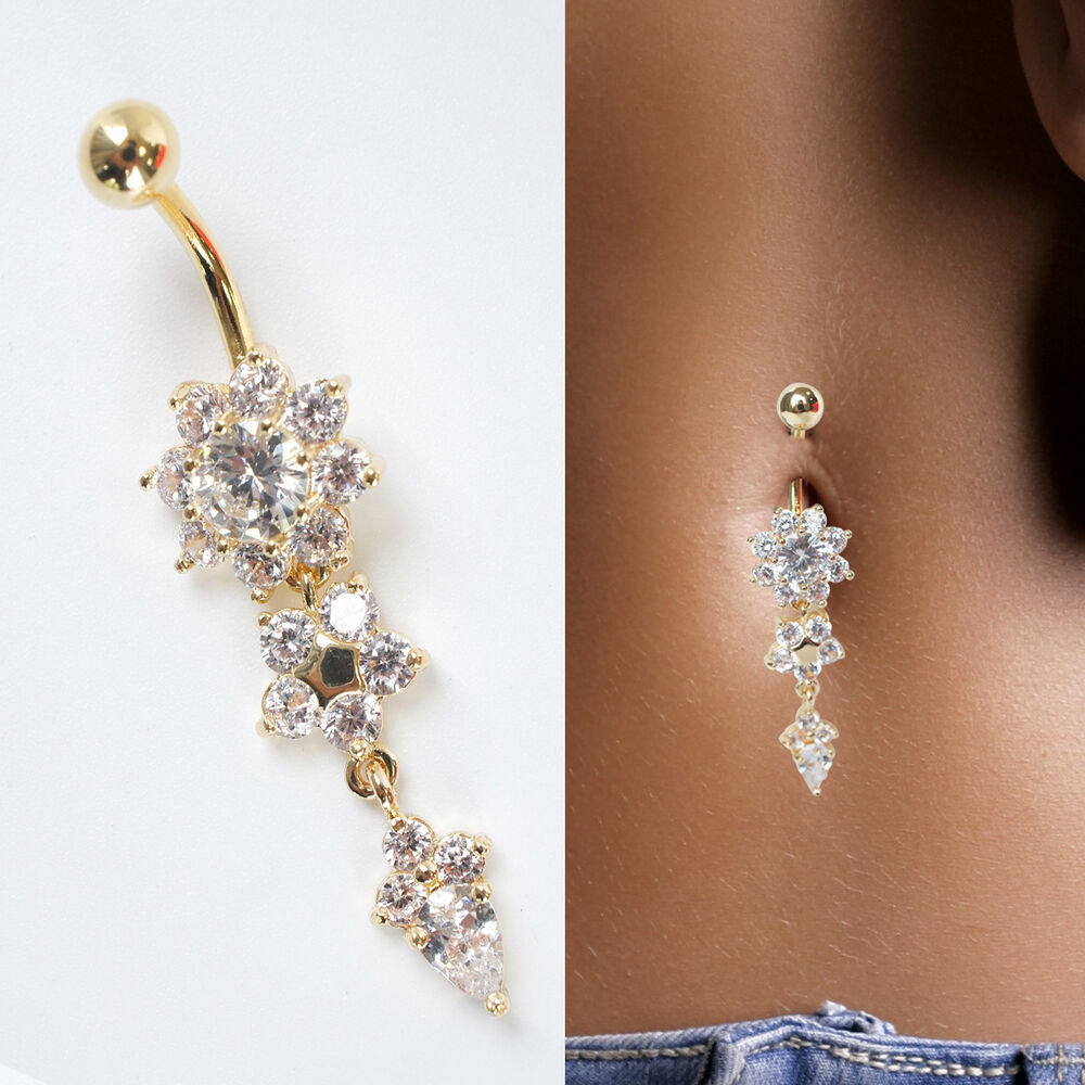 Diamond Body Jewelry
 Beauty Crystal Flower Dangle Navel Belly Button Ring Bar