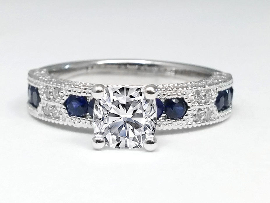 Diamond Engagement Ring With Sapphire Accents
 2 04 Cushion Cut Diamond Vintage Engagement Ring Blue