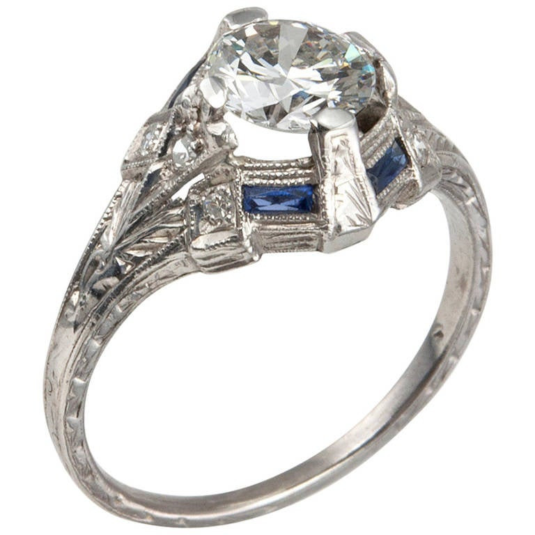 Diamond Engagement Rings With Sapphire Accents
 Art Deco 0 93 Carat Diamond Engagement Ring with Sapphire