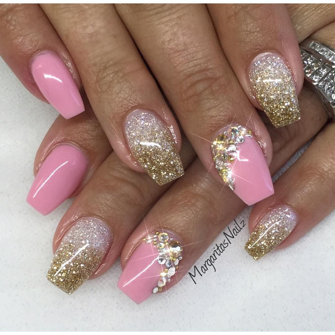 Diamond Glitter Nails
 Pink Nailz with White and Gold Glitter Bling