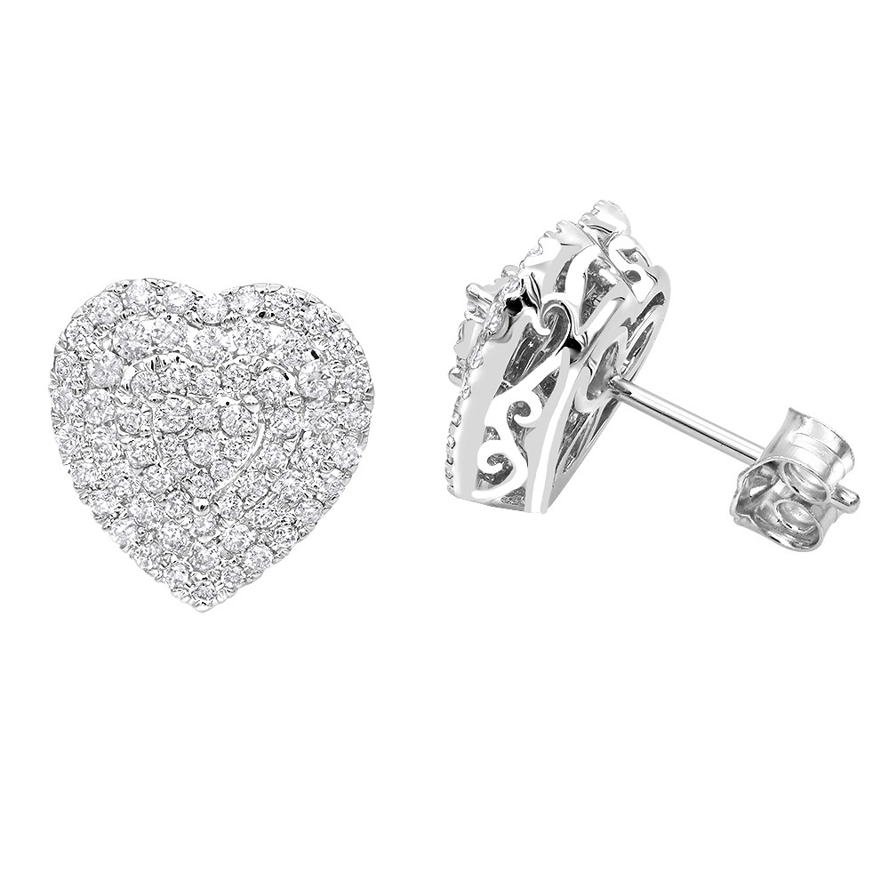 Diamond Heart Earrings
 14k Gold Pave Diamond Heart Earrings for Women 1 Carat