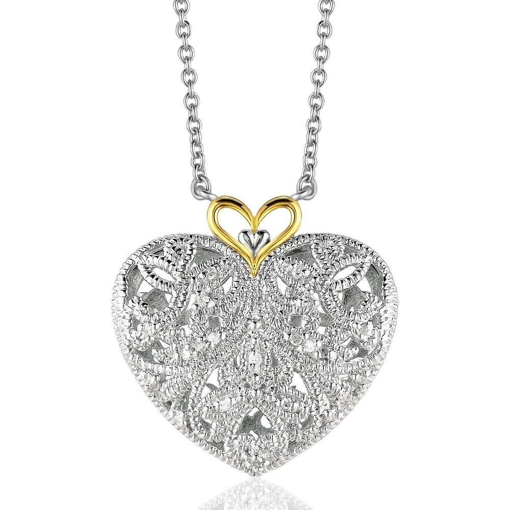 Diamond Heart Earrings
 Silver & 14K Yellow Gold Filigree Heart Pendant w Diamond