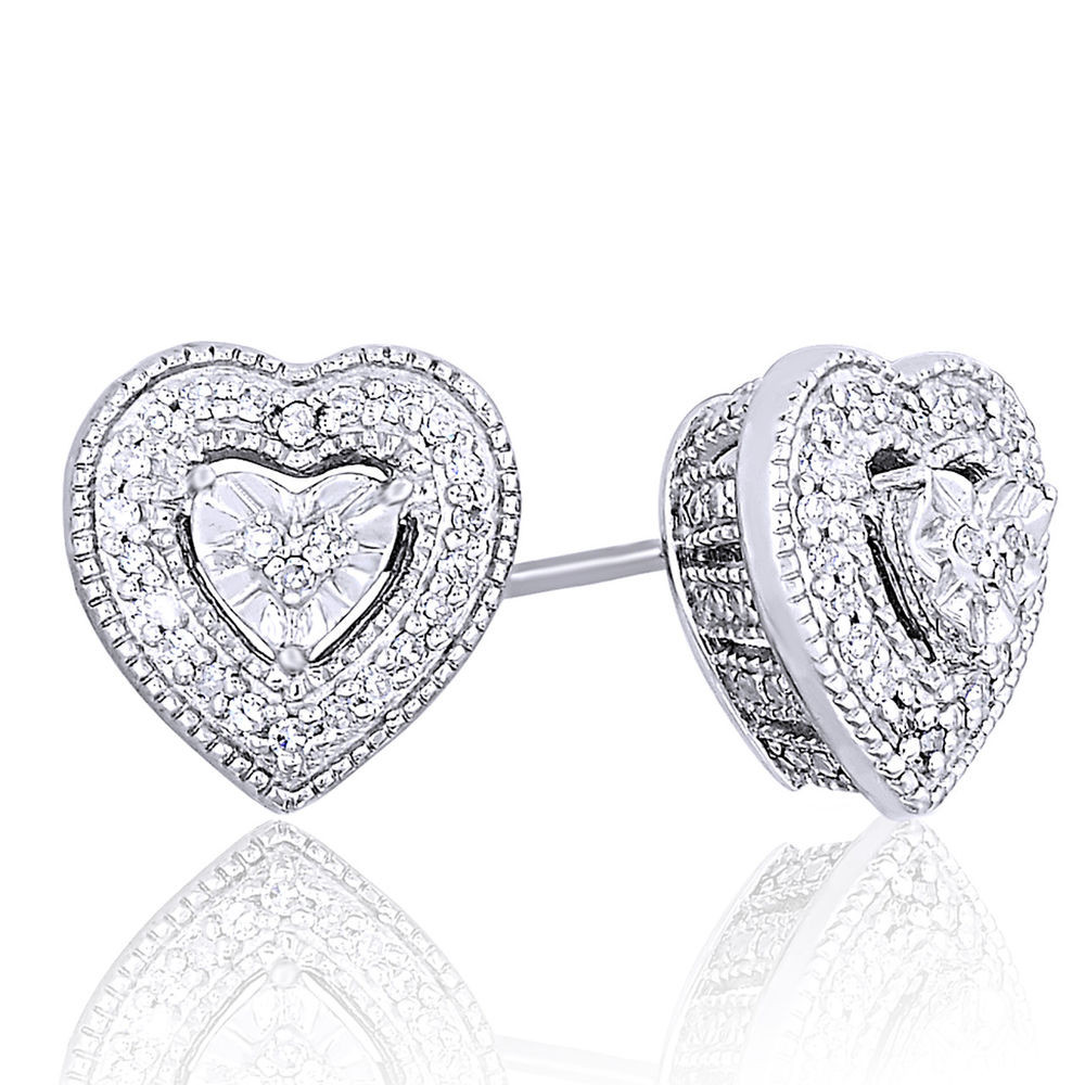 Diamond Heart Earrings
 Diamond Heart Shaped Milgrain Frame Stud Earrings 1 10
