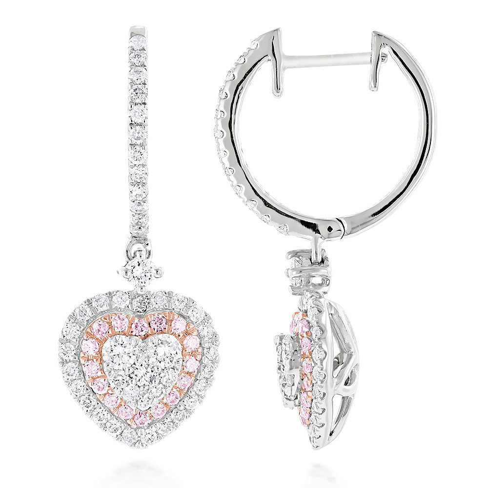 Diamond Heart Earrings
 Unique Luxurman Drop Earrings White & Pink Diamond Heart