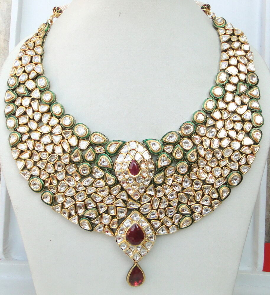 Diamond Necklace India
 VINTAGE ANTIQUE HUGE 20K GOLD DIAMOND POLKI KUNDAN ENAMEL