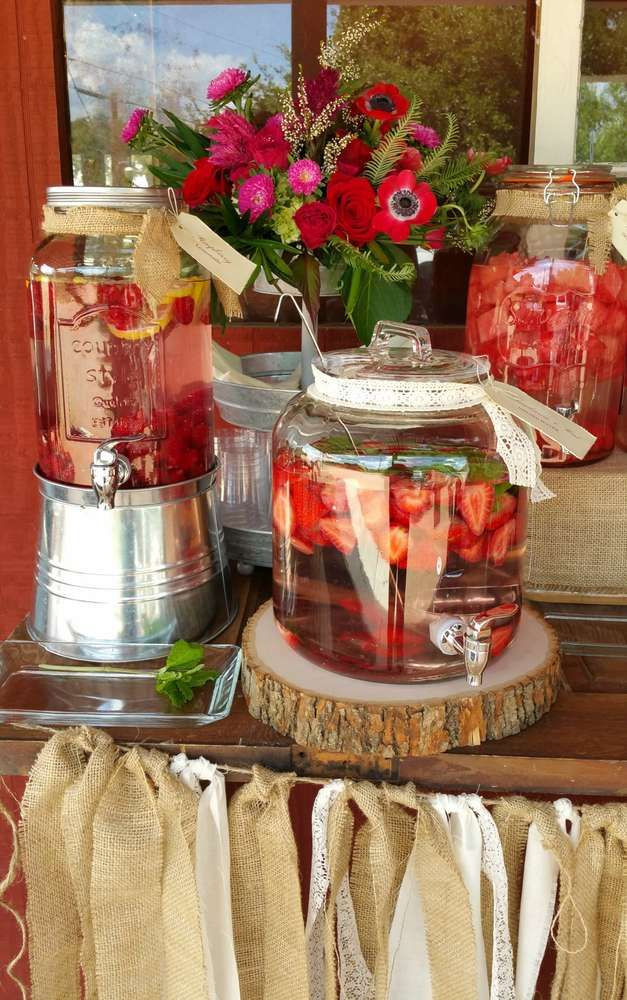 Dinner Party Decorations Ideas
 Flavored water drink station at a country rustic rehearsal