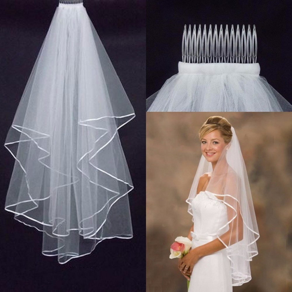 Discount Wedding Veils And Accessories
 Simple Tulle White Ivory Two Layers Wedding Veils Ribbon
