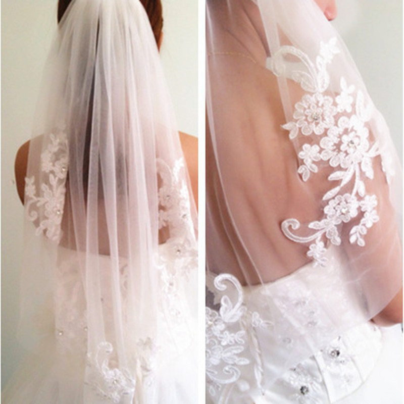 Discount Wedding Veils And Accessories
 e Layer Ivory White Bridal Veil Lace Crystals Applique