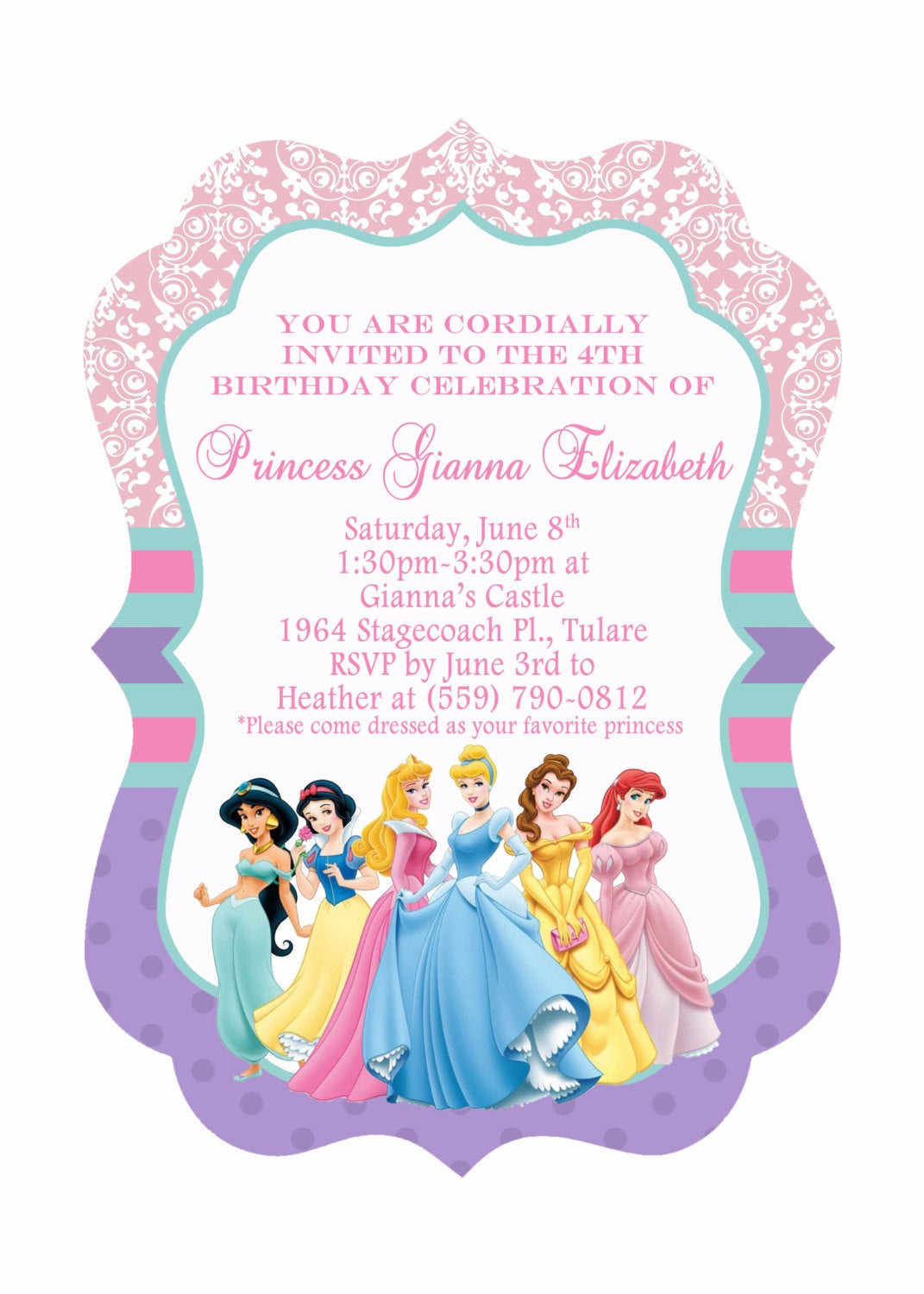 Disney Princess Birthday Party Invitations
 5x7 Ornate Disney Princess Birthday Invitation Front & Back