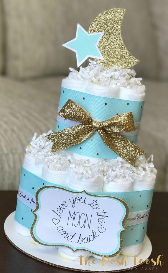 DIY Baby Shower Diaper Cake
 Mint Gold Moon and Star Diaper Cake Baby Shower Centerpiece