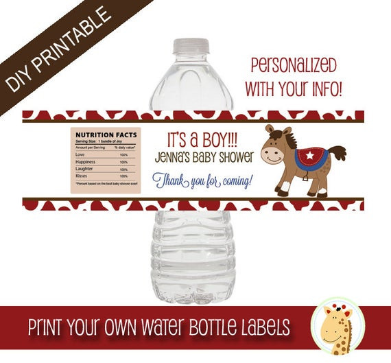 Diy Baby Shower Water Bottle Labels
 SALE Printable Round Em Up Western HorseTheme Water