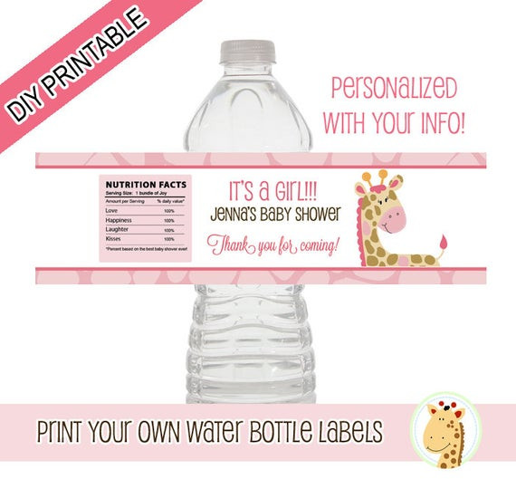 Diy Baby Shower Water Bottle Labels
 Printable Personalized Pink Giraffe Baby Shower Water
