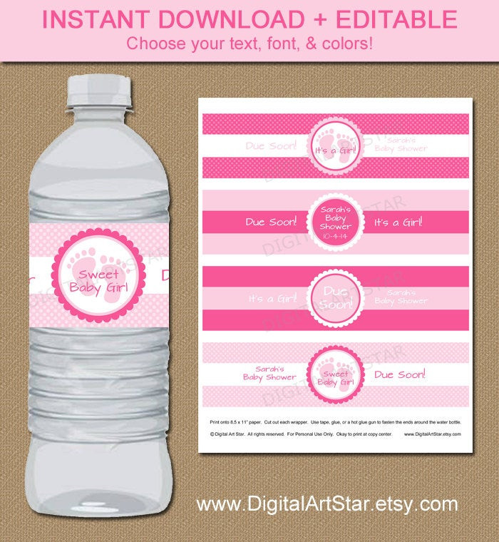 Diy Baby Shower Water Bottle Labels
 EDITABLE Water Bottle Labels DIY Printable Pink Baby Shower
