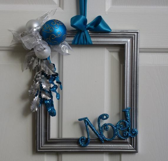 DIY Christmas Frame
 Picture Frame Christmas Wreath Silver White and Turquoise