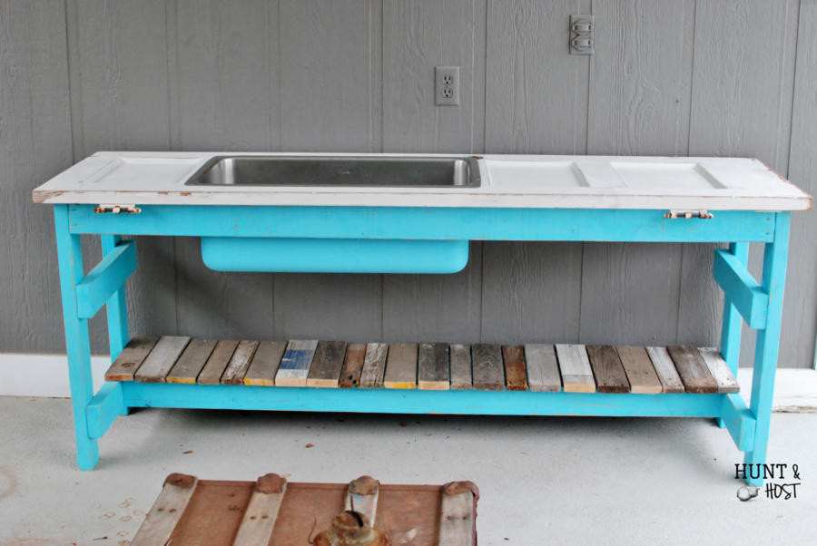 DIY Outdoor Buffet Table
 Outdoor Party Buffet Table in Pool Blue Hunt and Host