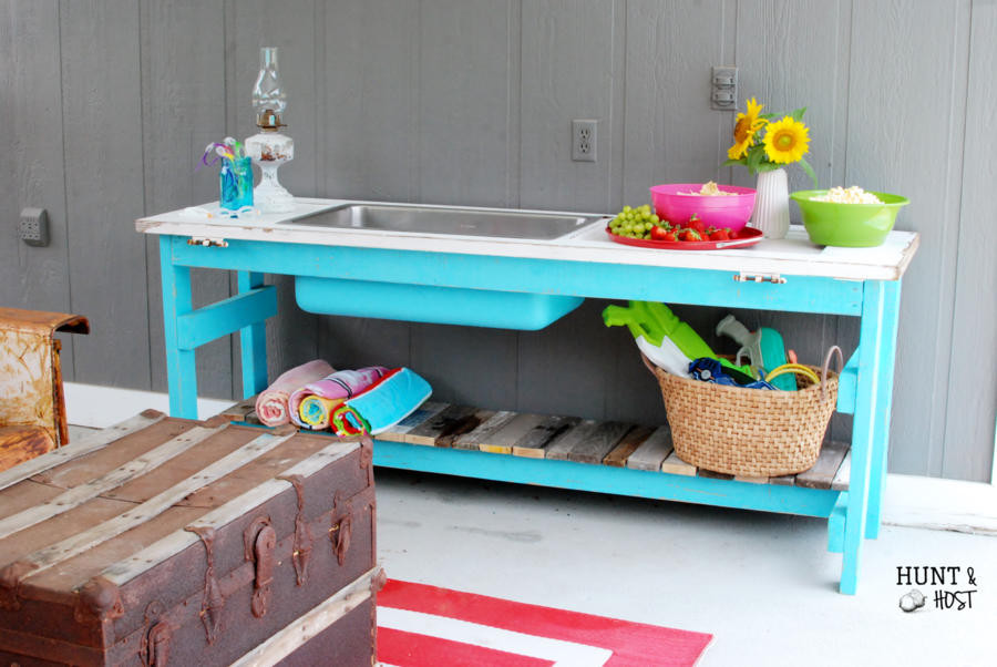 DIY Outdoor Buffet Table
 Outdoor Party Buffet Table in Pool Blue Hunt and Host