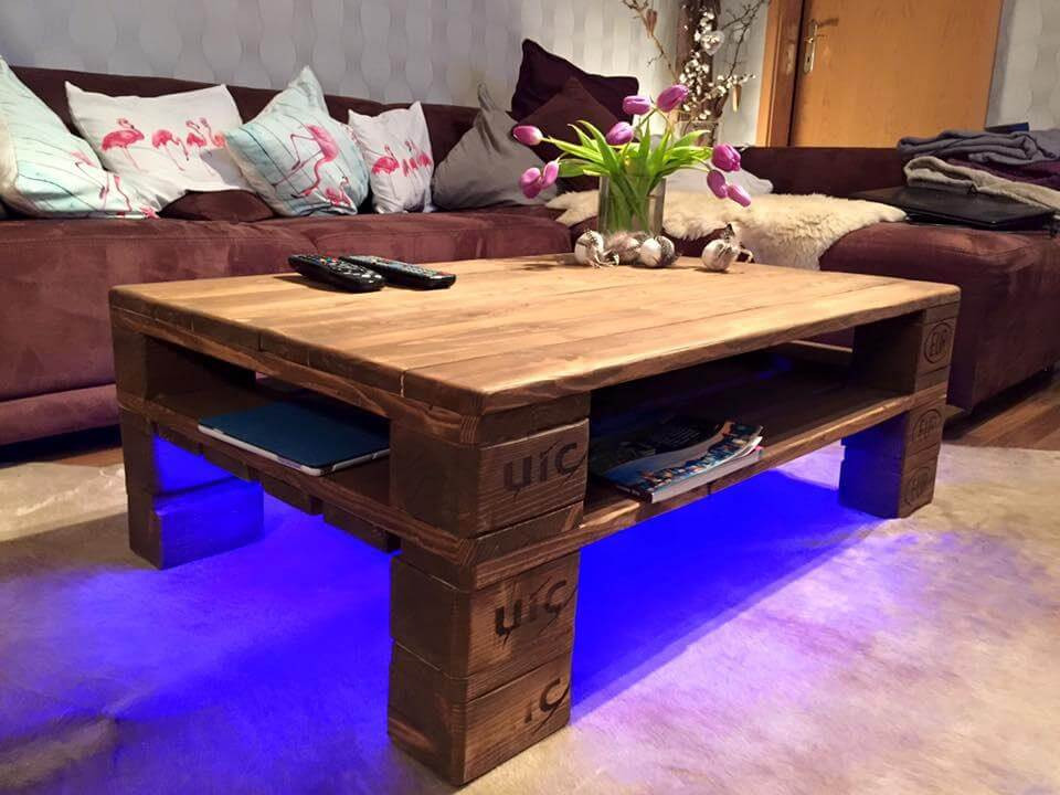 DIY Pallet Coffee Table Plans
 Rustic Pallet Coffee Table LED Lights