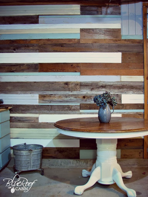DIY Planked Wall
 blue roof cabin DIY Plank Wall