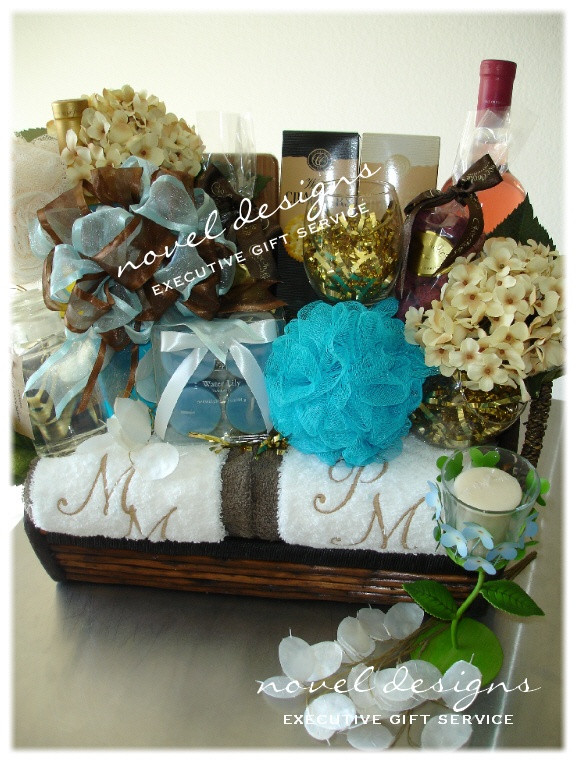 DIY Relaxation Gift Basket
 Custom Designed Spa Wedding Gift Basket w Embroidered