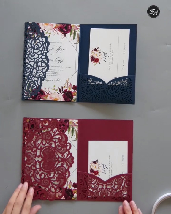 DIY Wedding Videography
 Burgundy laser cut pocket fold with floral and geometric