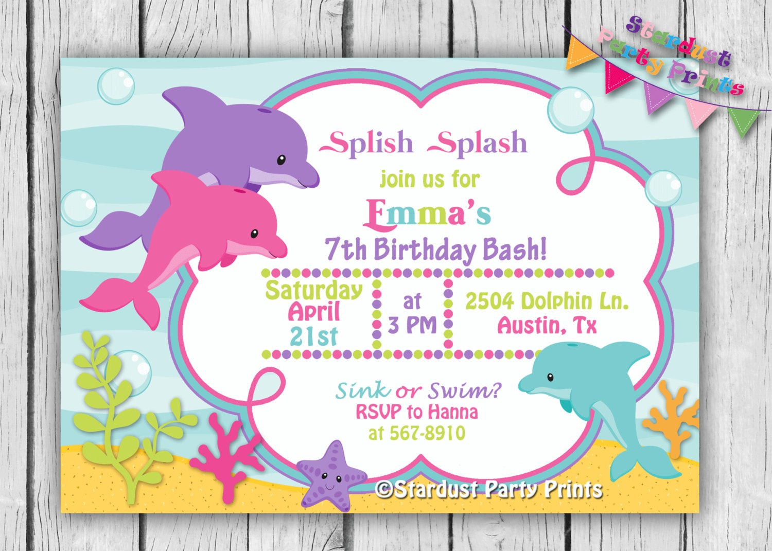 Dolphin Birthday Party
 Dolphin Birthday Invitation Dolphin by StardustPartyPrints