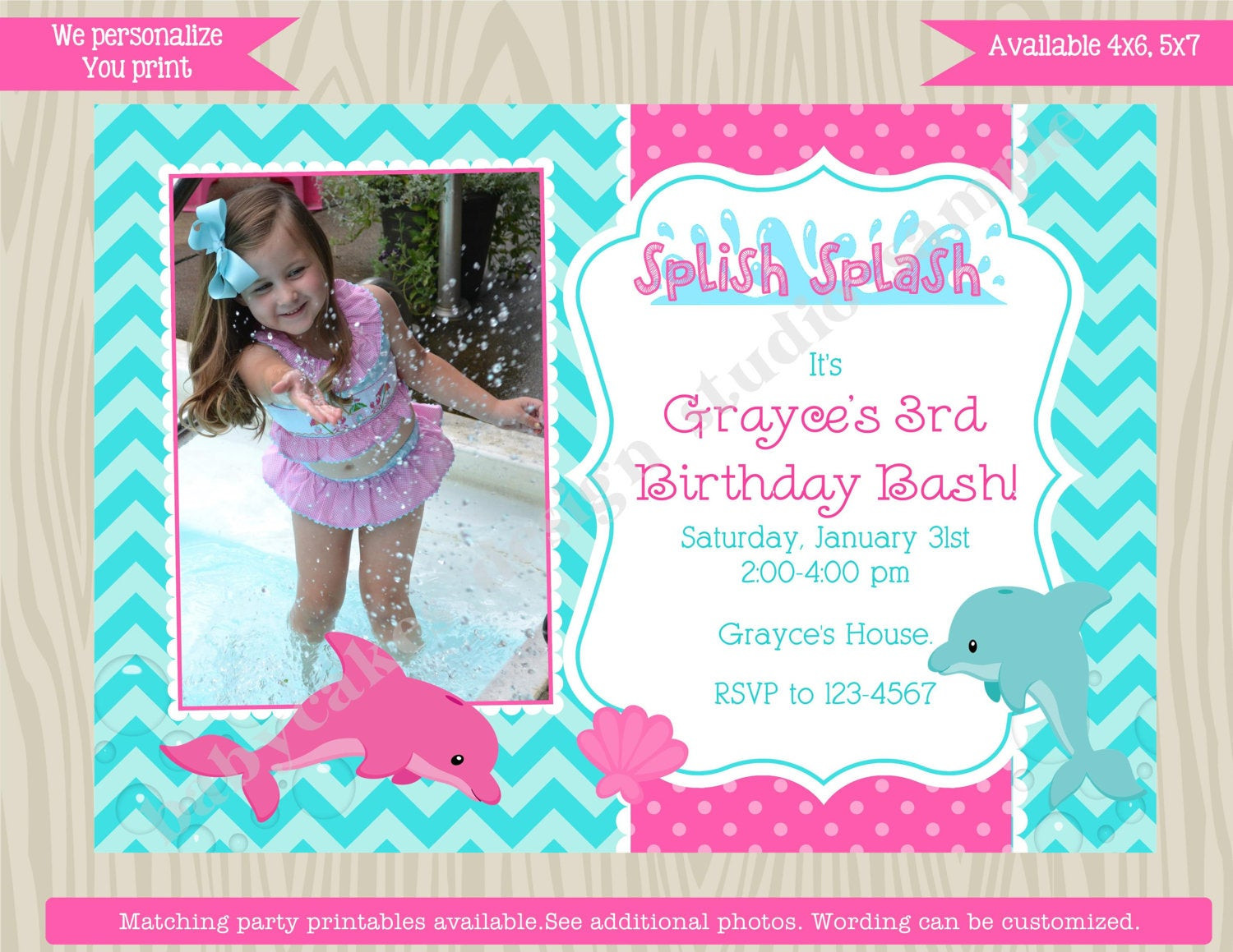 Dolphin Birthday Party
 Dolphin Birthday Party Invitation Invite Pool Party girl