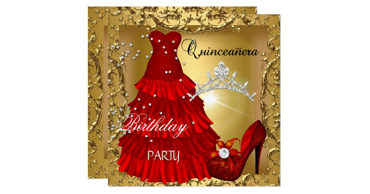 Dresses For 15 Birthday Party
 quinceanera 15th Birthday Party Gold Red Dress Card