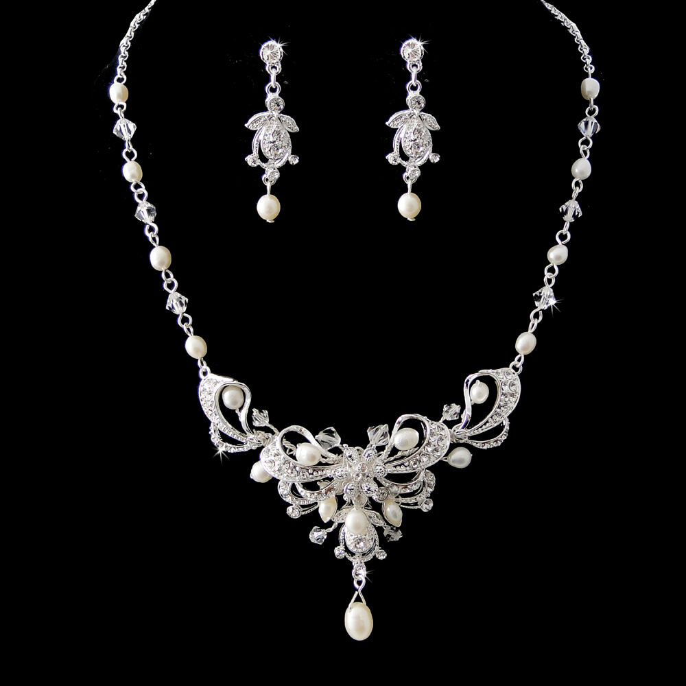 Earring And Necklace Sets
 Silver Austrian Crystal & Freshwater Pearl Bridal Necklace