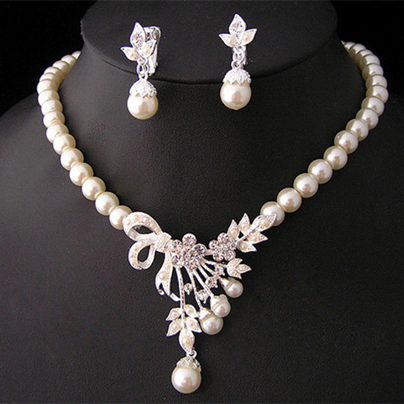 Earring And Necklace Sets
 Crystal Pearl Silver Plated Necklace&Earrings Wedding
