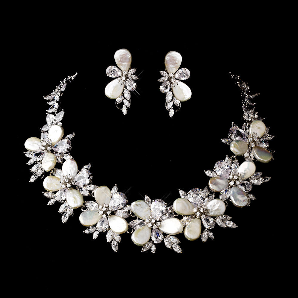 Earring And Necklace Sets
 Silver Keshi Pearl Floral Crystal Bridal Necklace Earring