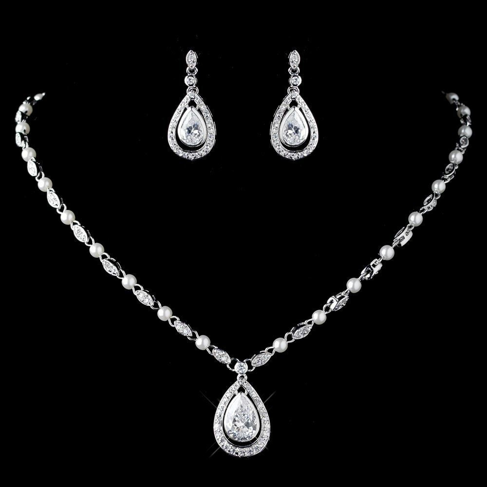 Earring And Necklace Sets
 Wedding Bridal CZ Crystal & Diamond White Pearl Necklace