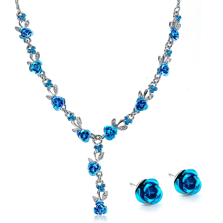 Earring And Necklace Sets
 New Women Rose Wedding Bridal Jewelry Crystal Rhinestone