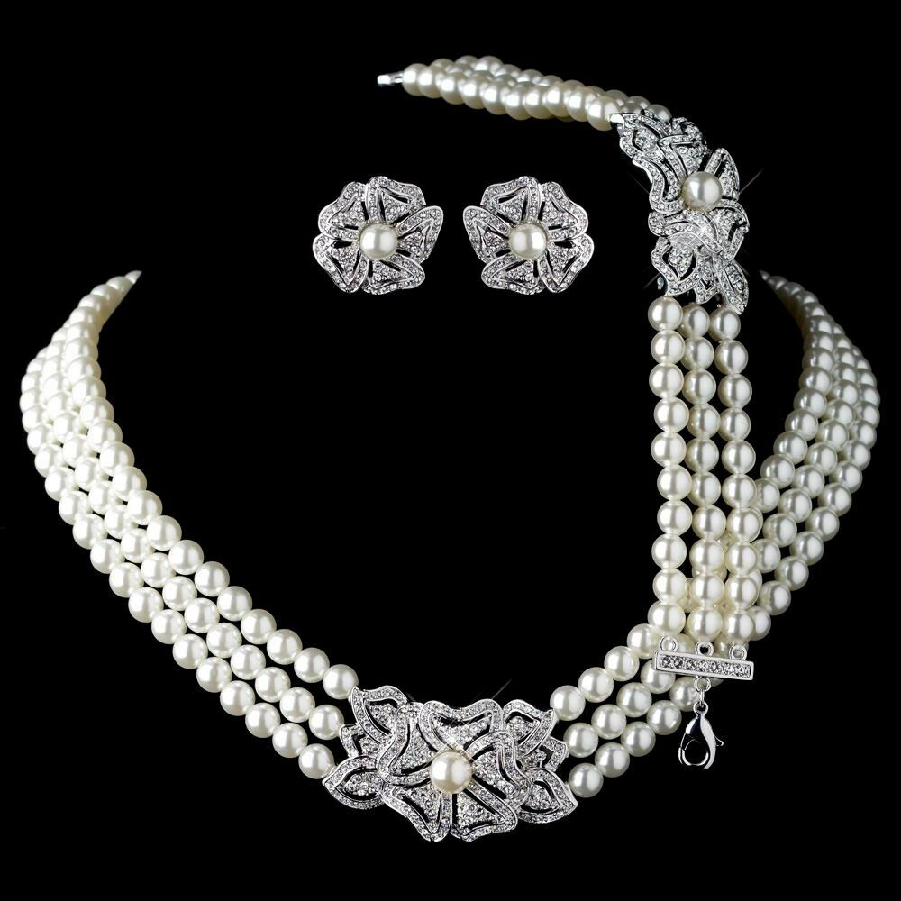 Earring And Necklace Sets
 Rhodium Ivory Pearl & Rhinestone Necklace Bracelet Vintage