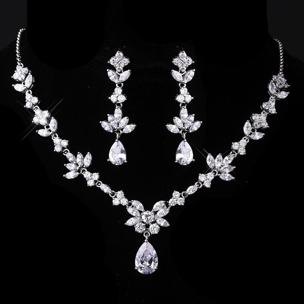 Earring And Necklace Sets
 Silver Clear CZ Cubic Zirconia Drop Necklace Earring